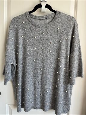 Zara Gray Pearl-Embellished Knit Top